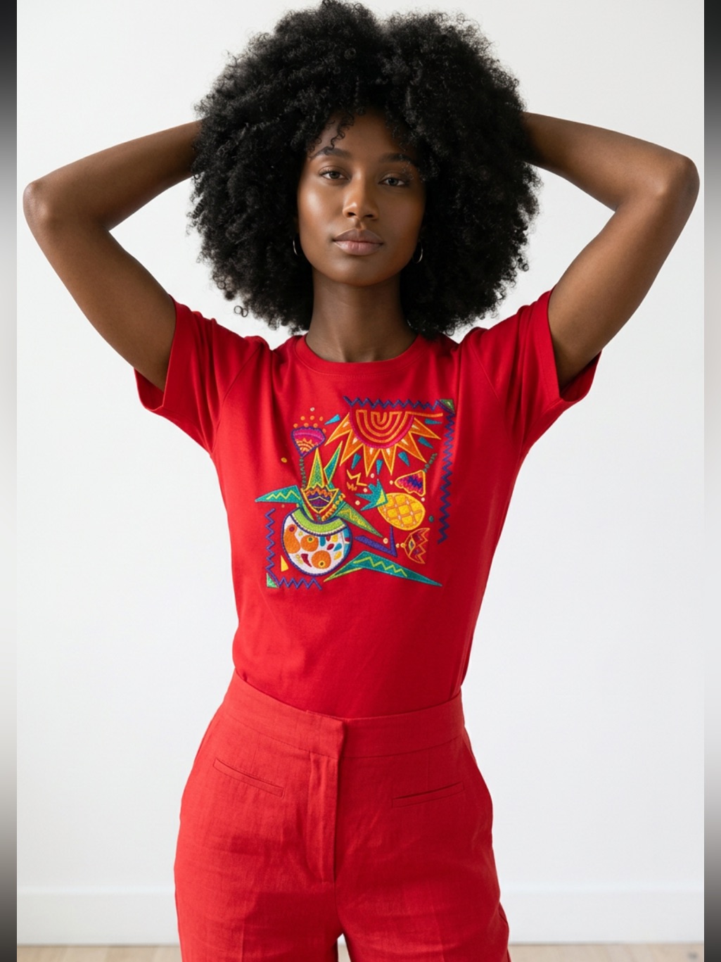 Vintage 90s I.B. Diffusion Embroidered Sun Tropical Red Cotton Tee